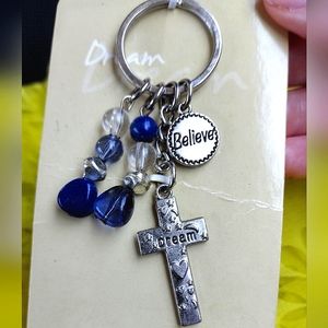 NWT Dream silver tone cross keychain with blue polished stones